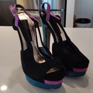 Steve Madden Black Suede Platform Slingbacks with Teal & Purple Accents